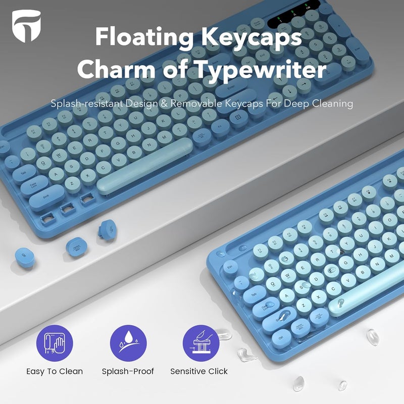 Trueque Wireless Keyboard and Mouse Combo, Retro Round Keycaps, Full-Size Cute Typewriter Keyboard with Large Phone/Tablet Holder, Auto-Sleep, 2.4GHz Cordless Connection for Windows/PC/Laptop (Sky Blue) - Image 4